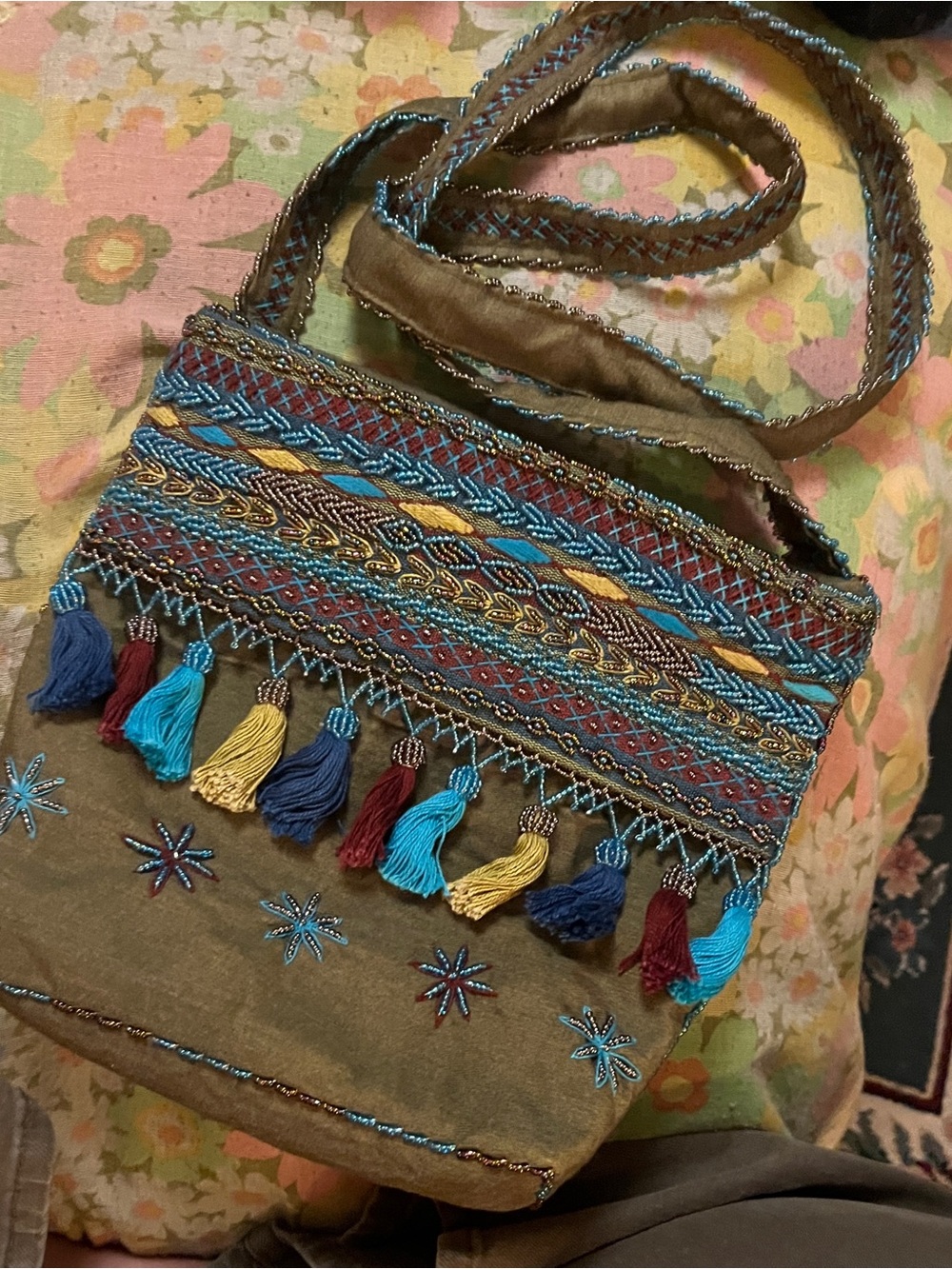 Boho Tassel Embroidered Bucket Bag - Olive Green - Picture 6 of 8